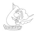 Coloring book for kids - unicorn smiling and floating on a ship in the form of a sailor. Black and white cute cartoon unicorns. Ve